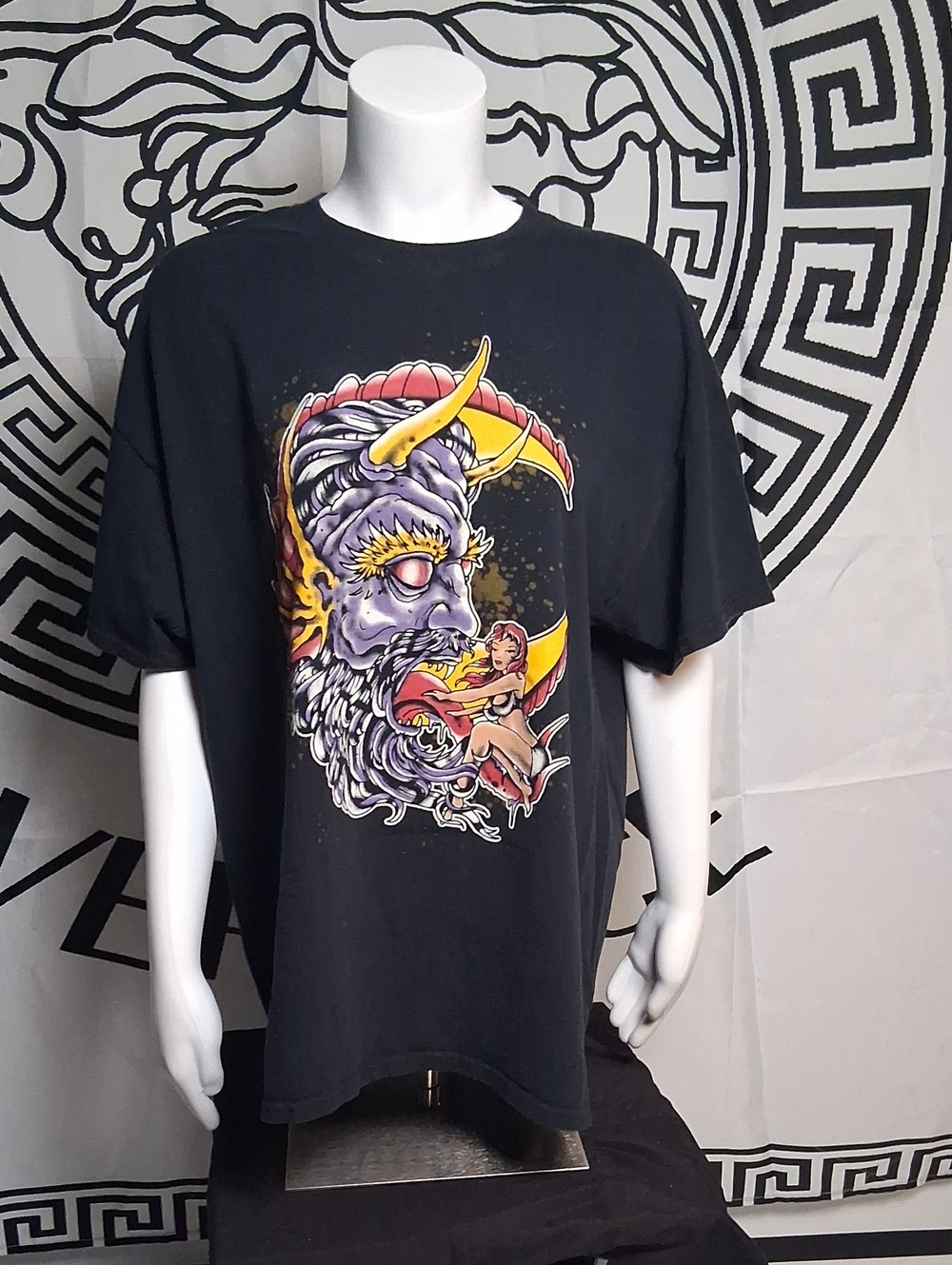 Men's Black Short Sleeve Graphic Tee with Colorful Demon Motif